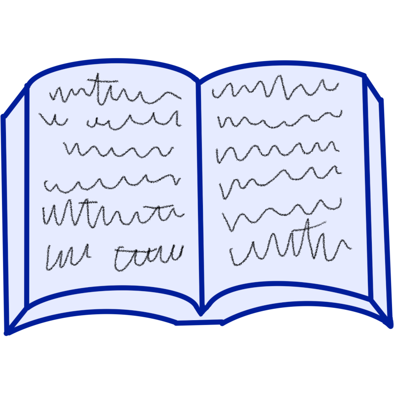  An open book with squiggles drawn on the pages to represent words